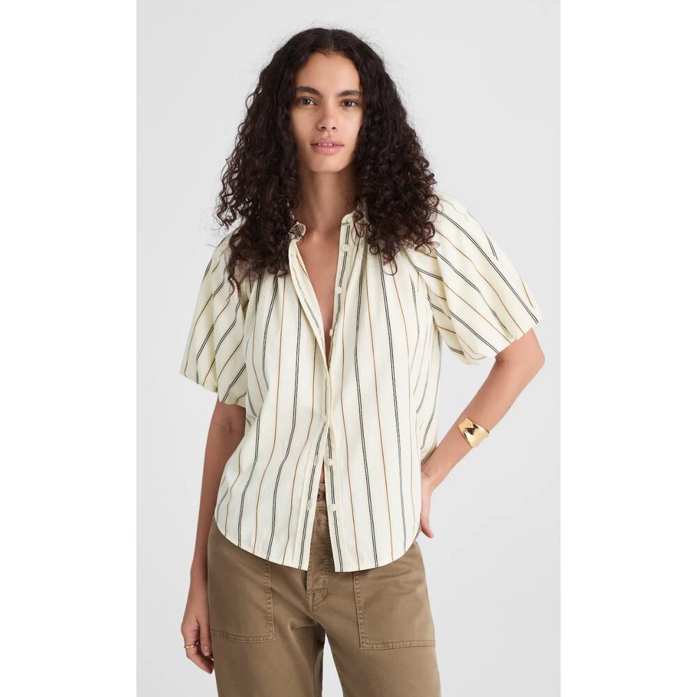 Madewell | NWT Shirred Bubble-Sleeve Poplin Button-Up Warm Coffee Stripe | Sz XS